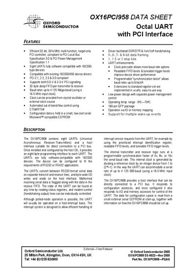 Oxford Semiconductor OX16PCI958 Octal UART with PCI Interface Datasheet - cover page