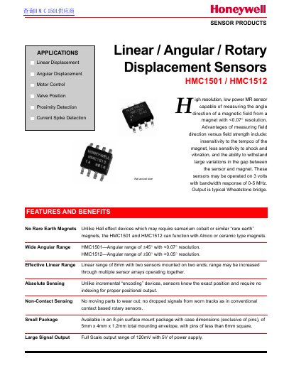 Honeywell HMC1501/HMC1512 Sensor Products Datasheet - cover page