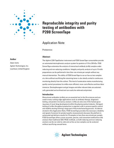 Agilent P200 ScreenTape Application Note for Antibody Testing - cover page