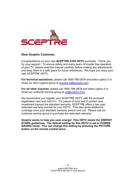 Sceptre E325 HDTV User Manual - cover page