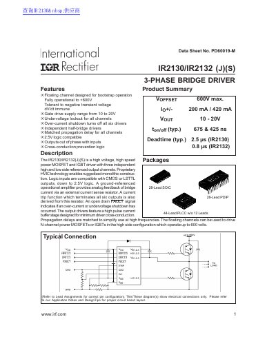 International Rectifier IR2130/IR2132 3-Phase Bridge Driver Datasheet