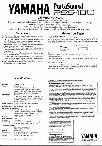 Yamaha PSS-100 PortaSound Owner's Manual - cover page