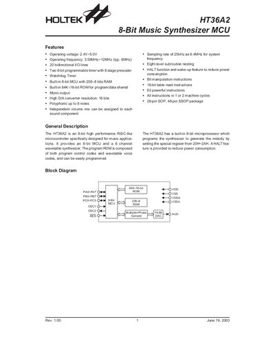 Holtek HT36A2 8-Bit Music Synthesizer MCU Datasheet - cover page