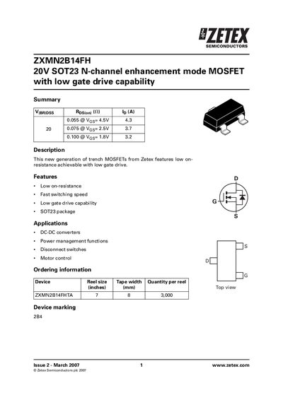 Zetex ZXMN2B14FH Datasheet - cover page