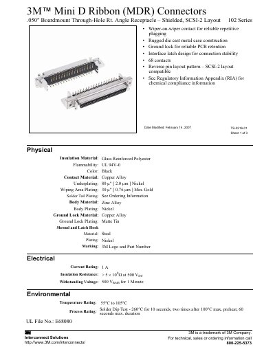 3M Mini D Ribbon (MDR) .050" Boardmount Through-Hole Right Angle Receptacle Shielded SCSI-2 Layout 102 Series Datasheet - cover page
