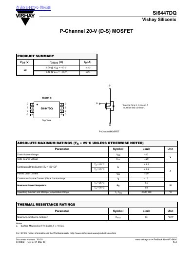 Vishay Siliconix Si6447DQ P-Channel MOSFET Datasheet - cover page