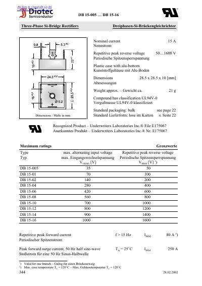 Diotec Semiconductor DB 15-005 to DB 15-16 Three-Phase Si-Bridge Rectifiers Datasheet - cover page