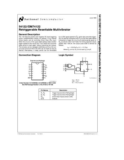 National Semiconductor 54122/DM74122 Retriggerable Resettable Multivibrator handbook - cover page