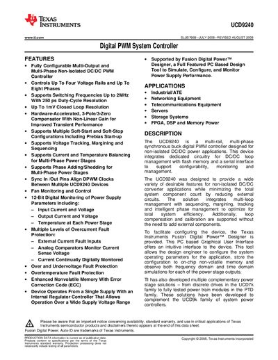 Texas Instruments UCD9240 Digital PWM System Controller Datasheet - cover page