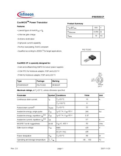 INFINEON IPI50R350CP CoolMOS ower Transistor Manual - cover page