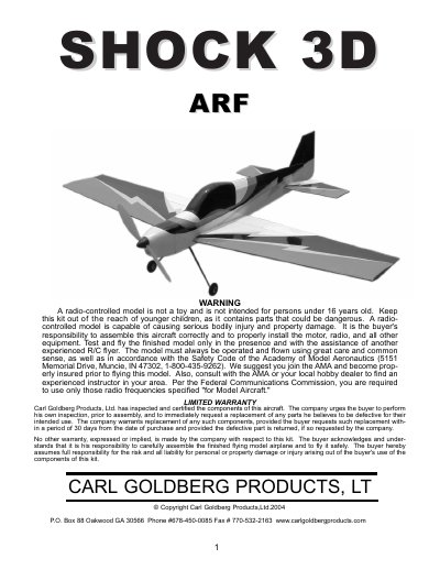 Carl Goldberg Shock 3D ARF Assembly and Operation Manual - cover page