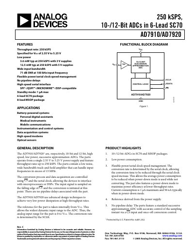 Analog Devices AD7910/AD7920 ADC Datasheet - cover page