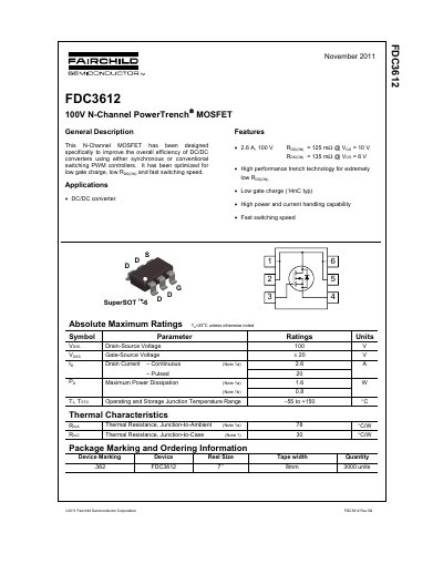 Fairchild Semiconductor FDC3612 N-Channel PowerTrench MOSFET Datasheet - cover page