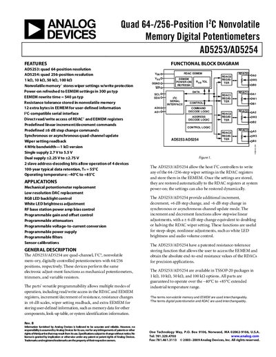 Analog Devices AD5253/AD5254 Digital Potentiometer Product Handbook