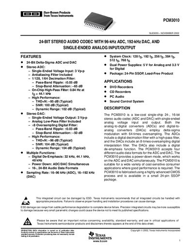 Texas Instruments PCM3010 Audio Codec Datasheet - cover page