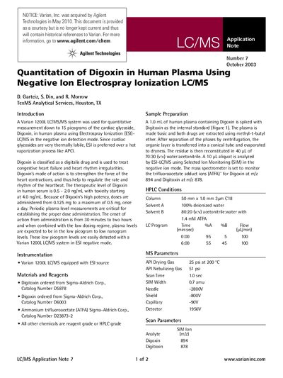 Agilent 1200L LC/MS Application Note 7 Digoxin Quantitation - cover page