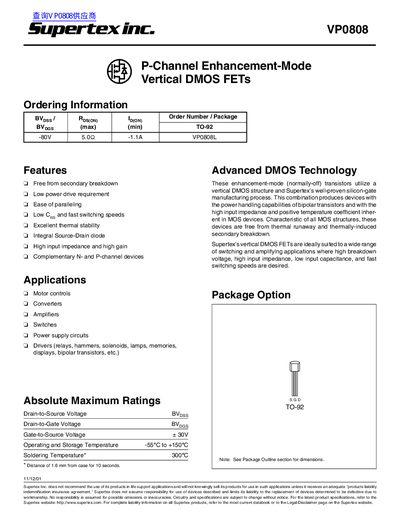 Supertex VP0808 P-Channel Enhancement-Mode Vertical DMOS FETs Datasheet - cover page