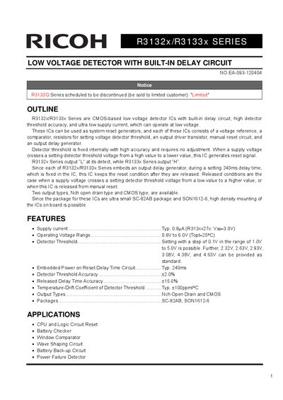 Ricoh R3132x/R3133x Series Low Voltage Detector Datasheet - cover page