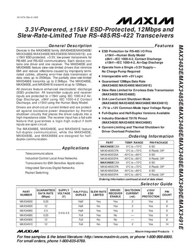 MAXIM MAX3483E/MAX3485E/MAX3486E/MAX3488E/MAX3490E/MAX3491E Manual - cover page