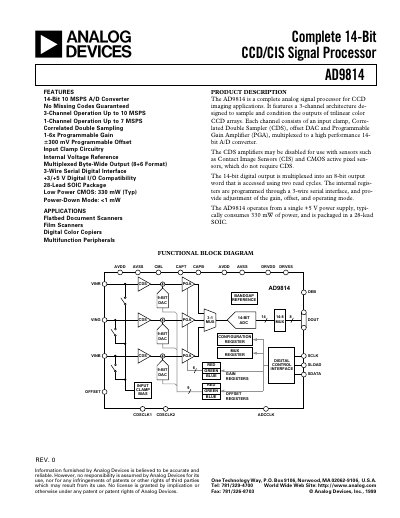 Analog Devices AD9814 14‑Bit CCD/CIS Signal Processor Datasheet - cover page