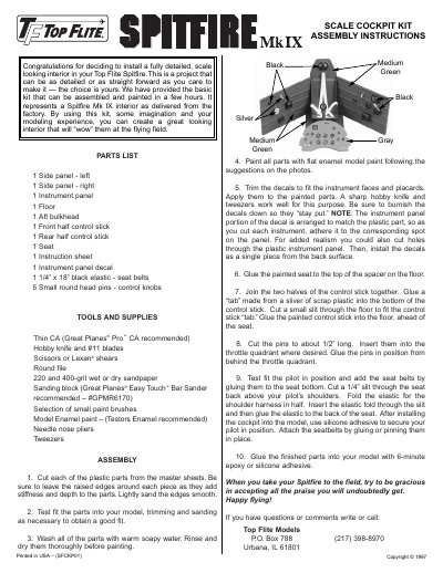 Top Flite Spitfire MkIX Scale Cockpit Kit Assembly Instructions - cover page