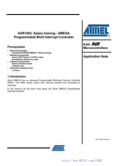 Atmel AVR1503 XMEGA Programmable Multi-Interrupt Controller Handbook - cover page