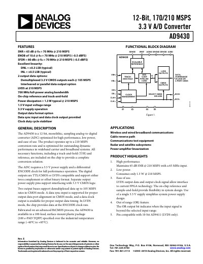 Analog Devices AD9430 12‑Bit 170/210 MSPS ADC Datasheet