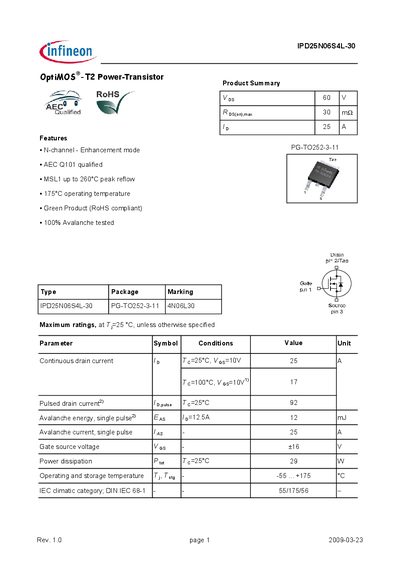 Infineon IPD25N06S4L-30 OptiMOS-T2 Power Transistor Datasheet - cover page