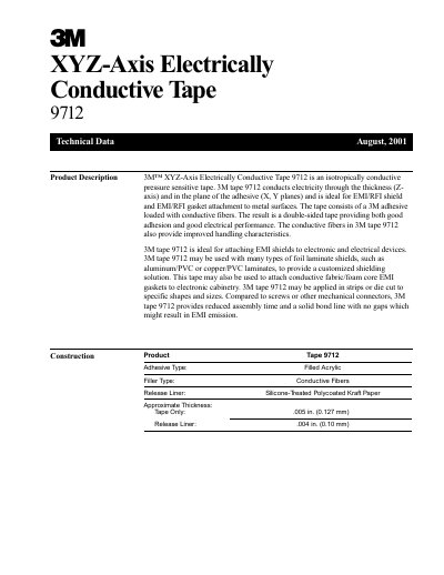 3M 9712 XYZ-Axis Electrically Conductive Tape Technical Data Sheet - cover page
