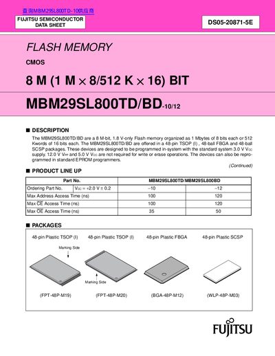 FUJITSU FLASH MEMORY CMOS 8 M (1 M 8/512 K 16) BIT MBM29SL800TD/BD-10/12 - cover page