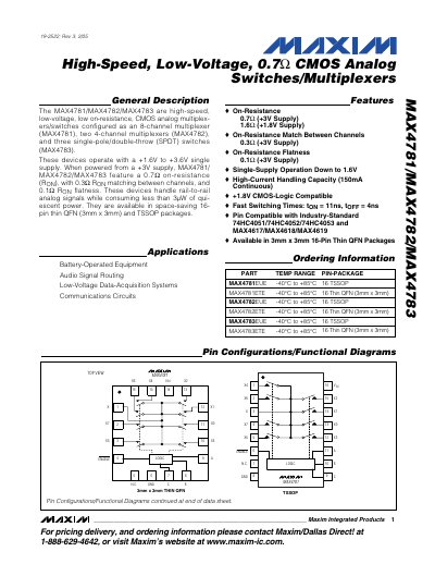 Maxim MAX4781/MAX4782/MAX4783 High-Speed Low-Voltage CMOS Analog Switches Datasheet - cover page