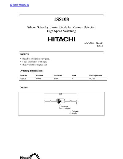 Hitachi 1SS108 Silicon Schottky Barrier Diode Datasheet - cover page