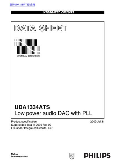 Philips UDA1334ATS Low Power Audio DAC with PLL Datasheet - cover page