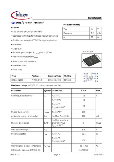 Infineon BSC042N03S OptiMOS Power Transistor Datasheet - cover page