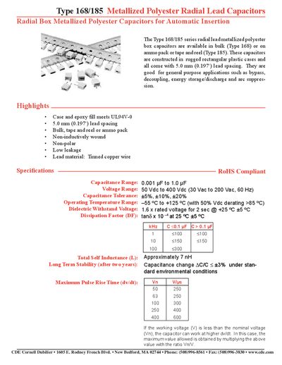 Cornell Dubilier 168/185 Metallized Polyester Radial Lead Capacitors Datasheet - cover page