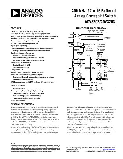 Analog Devices ADV3202/ADV3203 Buffered Analog Crosspoint Switch Datasheet - cover page