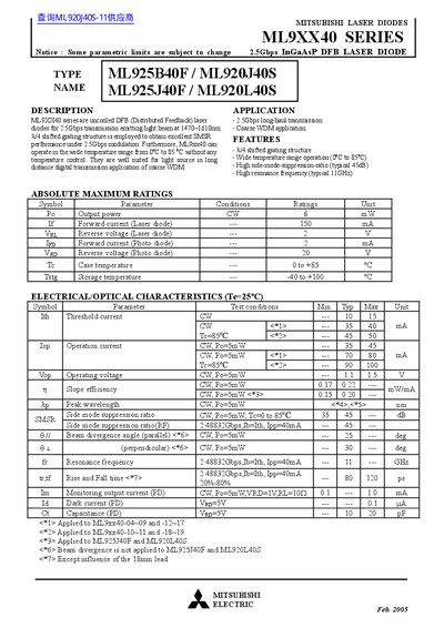 Mitsubishi Electric ML9XX40 Series DFB Laser Diode Datasheet - cover page