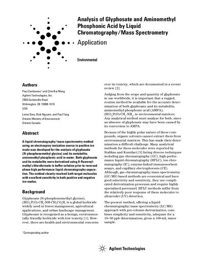 Analysis of Glyphosate and Aminomethyl Phosphonic Acid by LC/MS Application Note - cover page