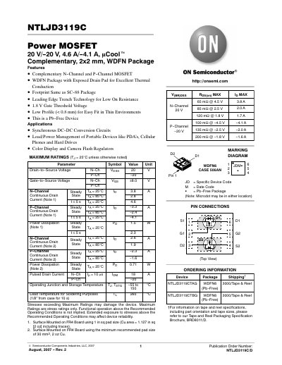 ON Semiconductor NTLJD3119C/DNTLJD3119C Power MOSFET Datasheet - cover page