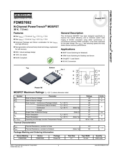 Fairchild Semiconductor FDMS7692 N-Channel PowerTrench MOSFET Datasheet