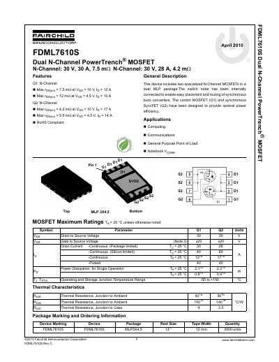 Fairchild FDML7610S Dual N-Channel MOSFET Datasheet - cover page