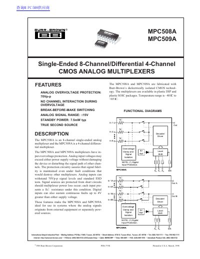 BB MPC508A MPC509A FUNCTIONAL DIAGRAMS Single-Ended 8-Channel/Differential 4-Channel CMOS ANALOG MULTIPLEXERS datasheet(1) - cover page