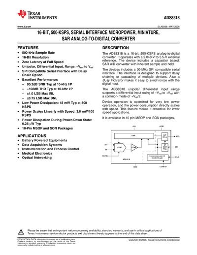 Texas Instruments ADS8318 16‑Bit 500‑KSPS Serial Interface MicroPower Miniature SAR ADC Datasheet - cover page