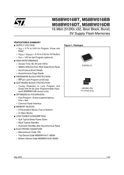 ST M58BW016BT M58BW016BB M58BW016DT M58BW016DB 16 Mbit (512Kb x32 Boot Block Burst) 3V Supply Flash Memories handbook