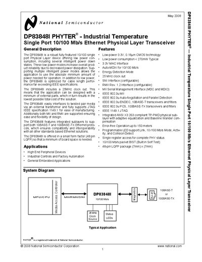 National Semiconductor DP83848I Ethernet PHY Datasheet - cover page
