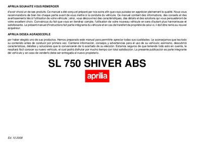 aprilia 854082 SL 750 Shiver ABS F-E 2008 Manual - cover page