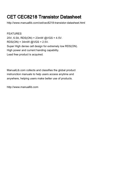 CET CEC8218 Dual N-Channel Enhancement Mode Field Effect Transistor Datasheet - cover page