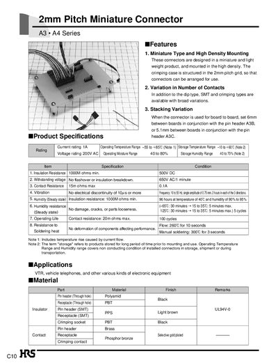 HRS A3/A4 Series 2mm Pitch Miniature Connector Product Specifications - cover page