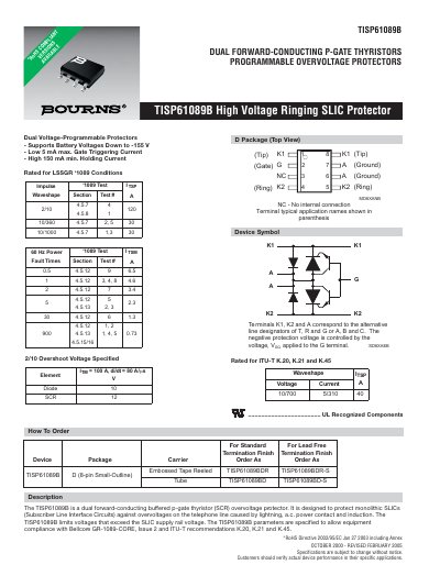 TISP61089B High Voltage Ringing SLIC Protector Datasheet - cover page