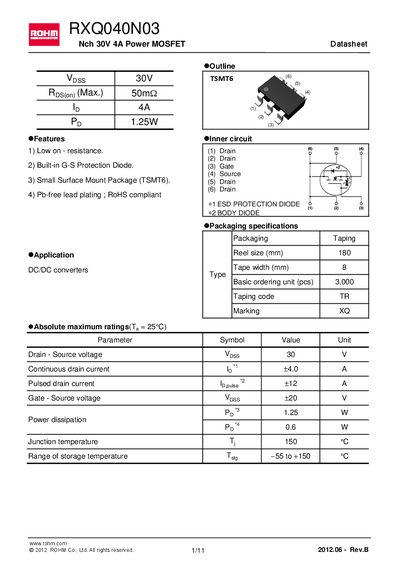 ROHM RXQ040N03 Power MOSFET Datasheet - cover page